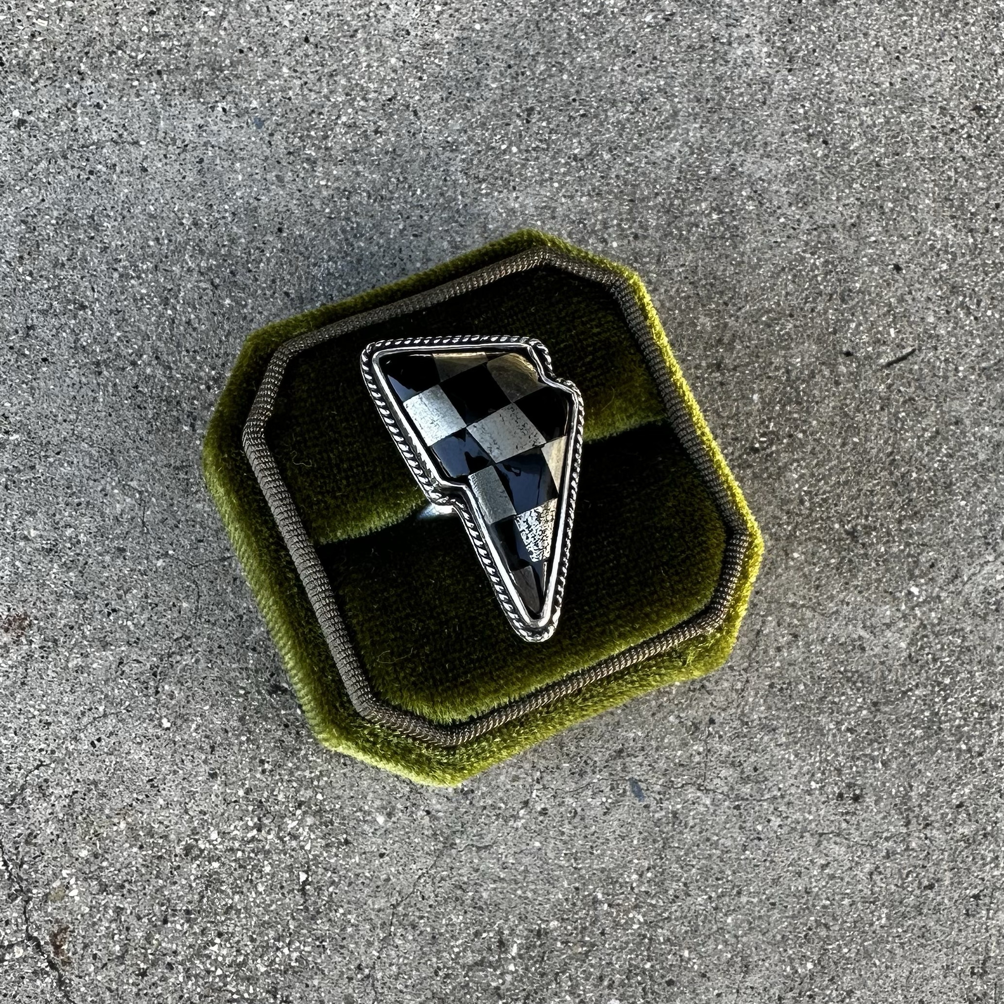 Checkered Lighting Bolt Ring - Onyx + Pyrite